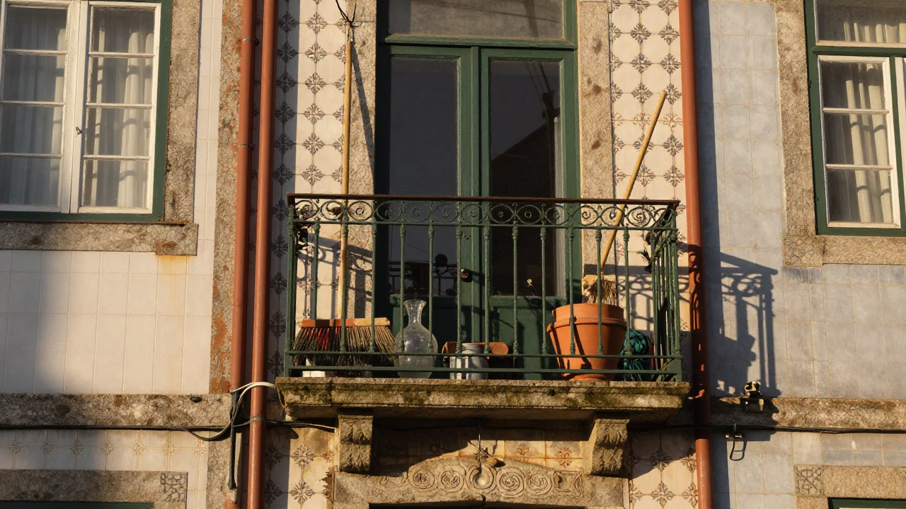 Balcony in Porto at Late Afternoon Light in in Porto, Portugal