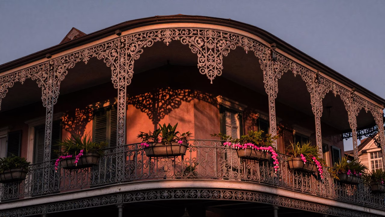 Balcony Ironwork at Copper-toned Light Before Dusk in New Orleans in in New Orleans, Louisiana, United States