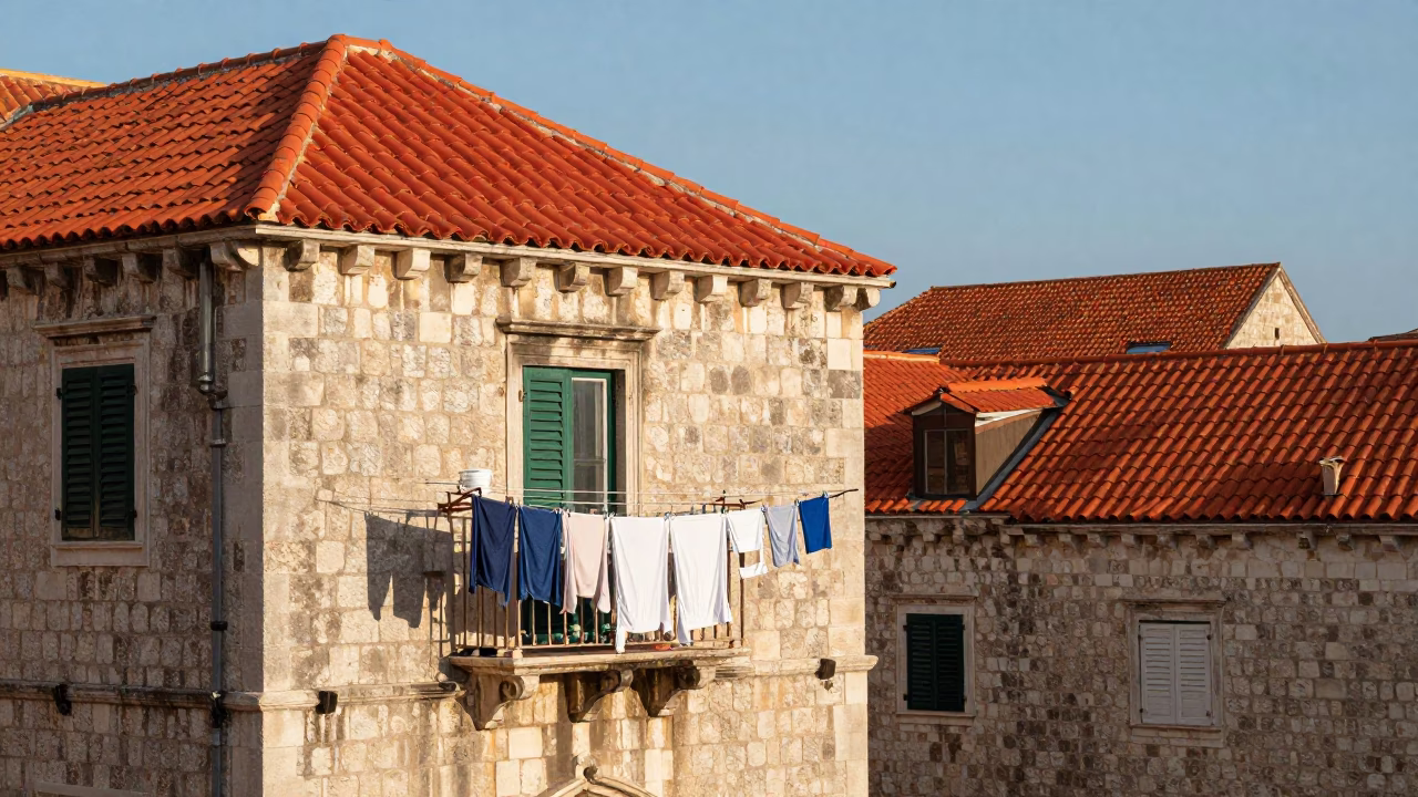 Balcony just after sunrise in Dubrovnik in in Dubrovnik, Croatia