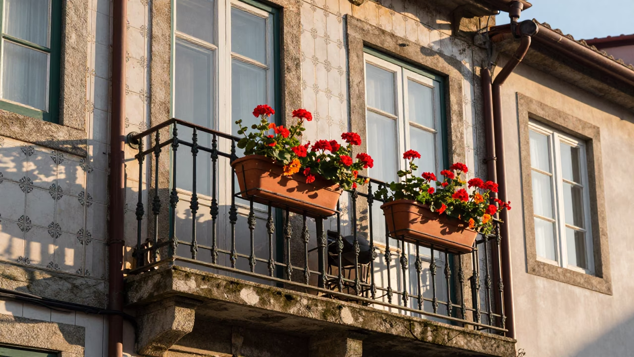Balcony just after sunrise in Porto in in Porto, Portugal