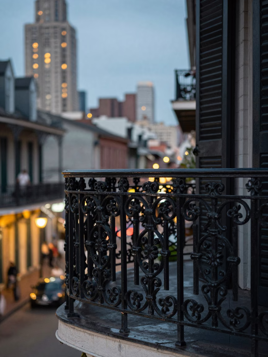 Balcony Railing in New Orleans at As City Lights Begin To Glow in in New Orleans, Louisiana, United States
