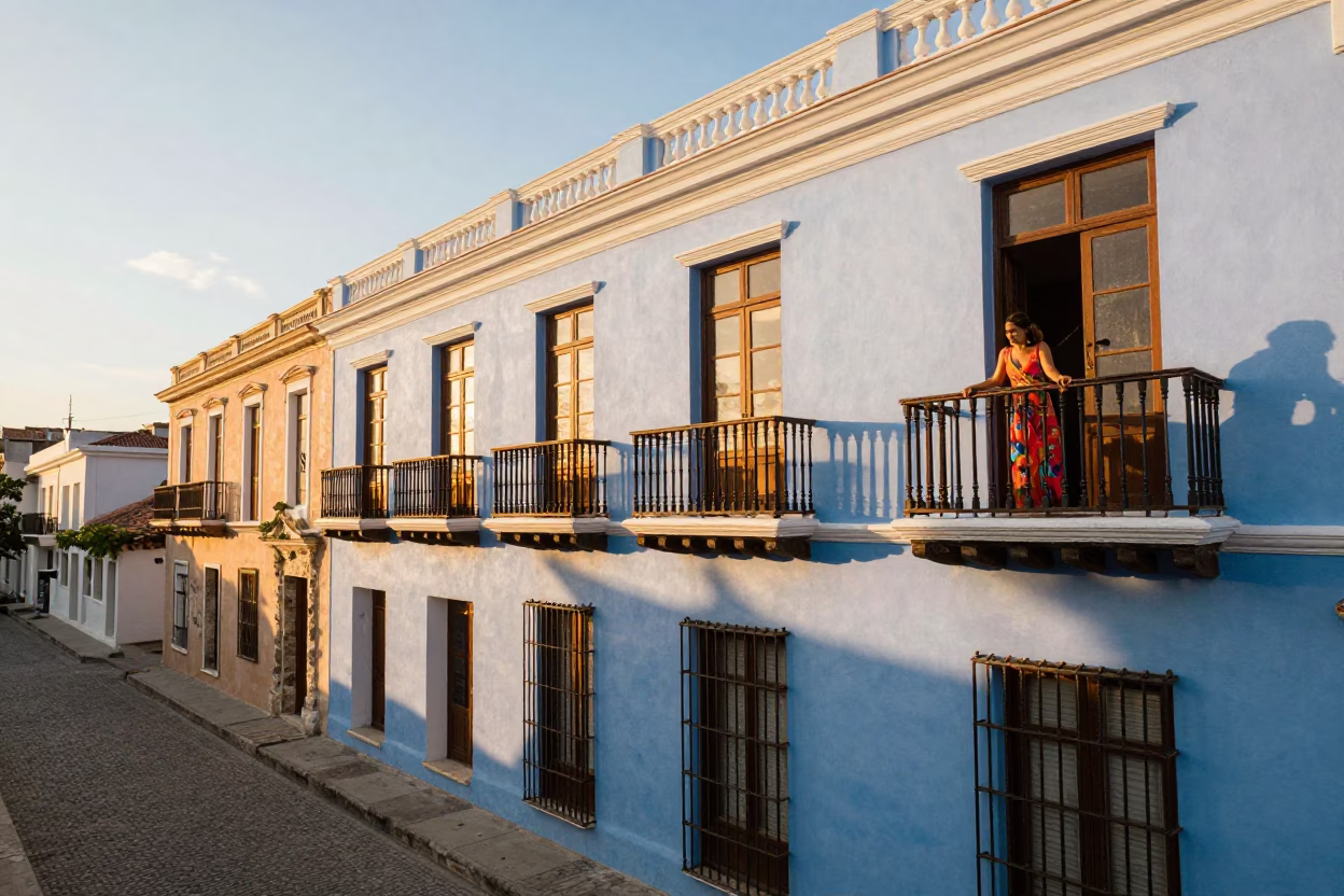 Balcony Scene at Sunset Light in Cartagena in in Cartagena, Colombia