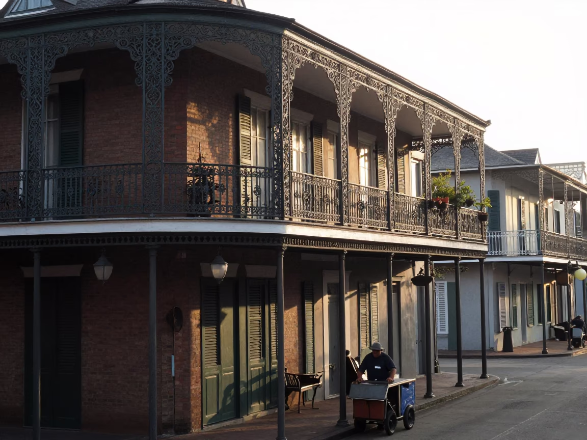 Balcony Scene at The Early Morning Light in New Orleans in in New Orleans, Louisiana, United States