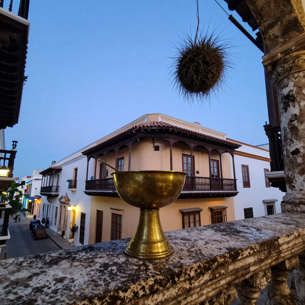 Balcony Scene in Cartagena at Blue Hour in in Cartagena, Colombia