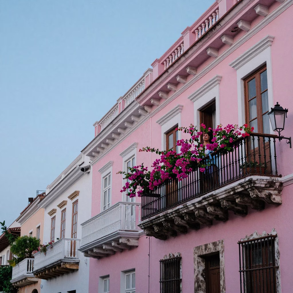 Balcony Scene in Cartagena at Nautical Dawn Light in in Cartagena, Colombia
