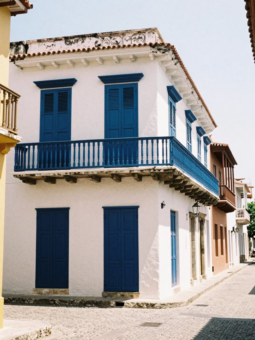 Balcony Scene in Cartagena at The Flat Glare Of Noon Light in in Cartagena, Colombia