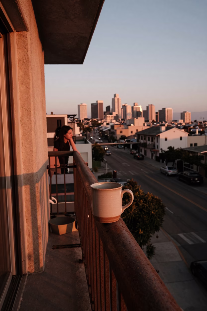 Balcony Scene in Los Angeles at Copper-toned Light Before Dusk in in Los Angeles, California, United States
