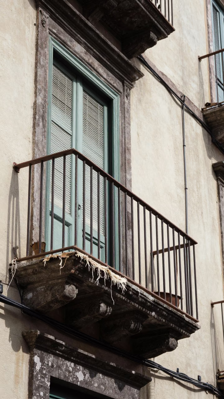 Balcony Scene in Naples at The Flat Glare Of Noon Light in in Naples, Italy