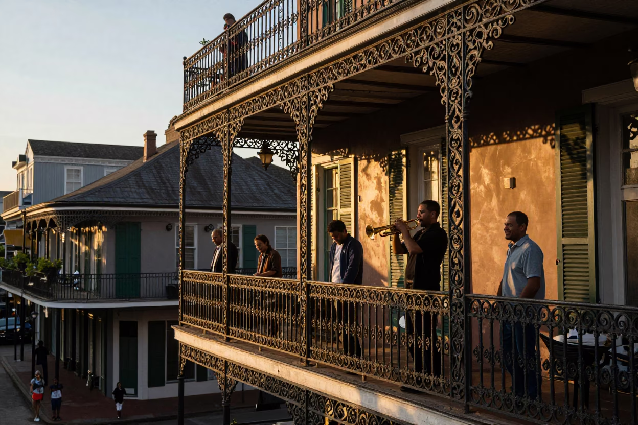 Balcony Scene in New Orleans at Honeyed Evening Light in in New Orleans, Louisiana, United States