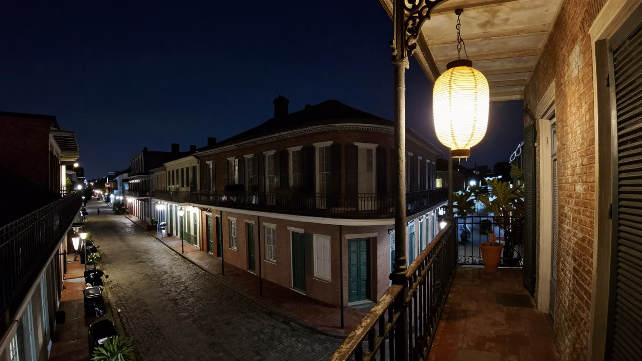 Balcony Scene in New Orleans at Late At Night Light in in New Orleans, Louisiana, United States