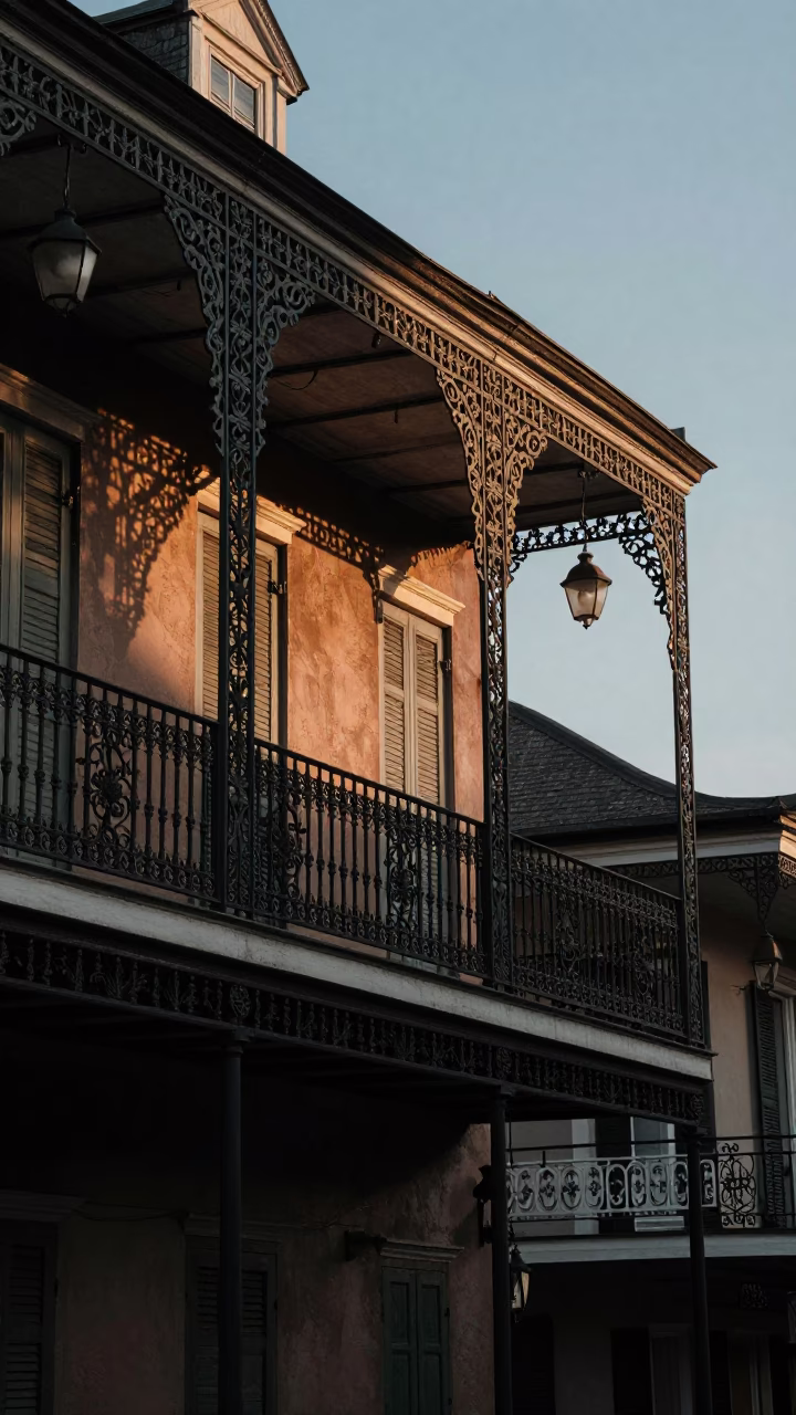 Balcony Scene in New Orleans at The Early Evening Light in in New Orleans, Louisiana, United States