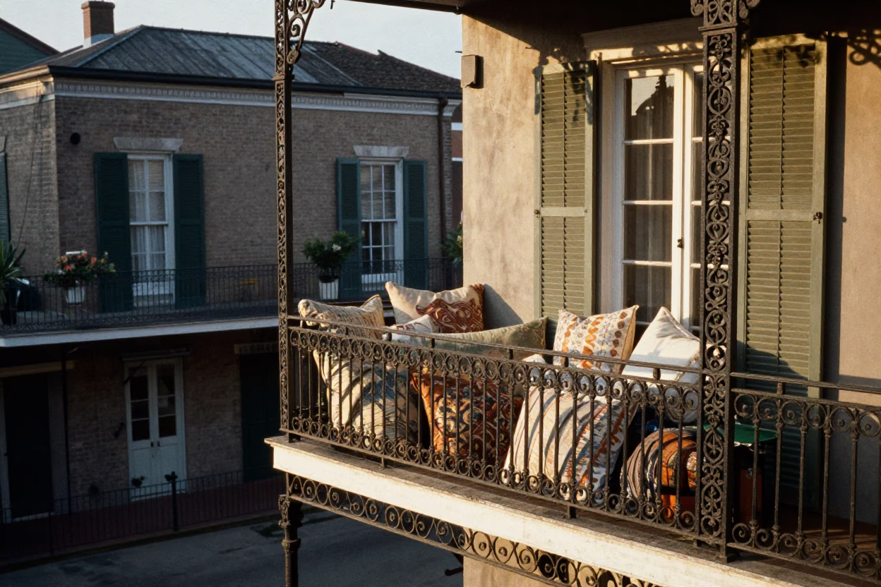 Balcony Scene in New Orleans at The Late Afternoon Light in in New Orleans, Louisiana, United States