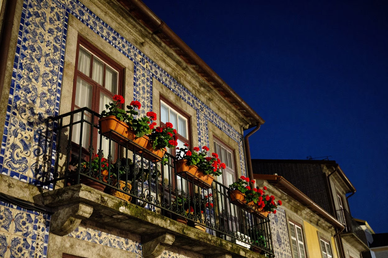Balcony Scene in Porto at The Deepest Night Sky Light in in Porto, Portugal