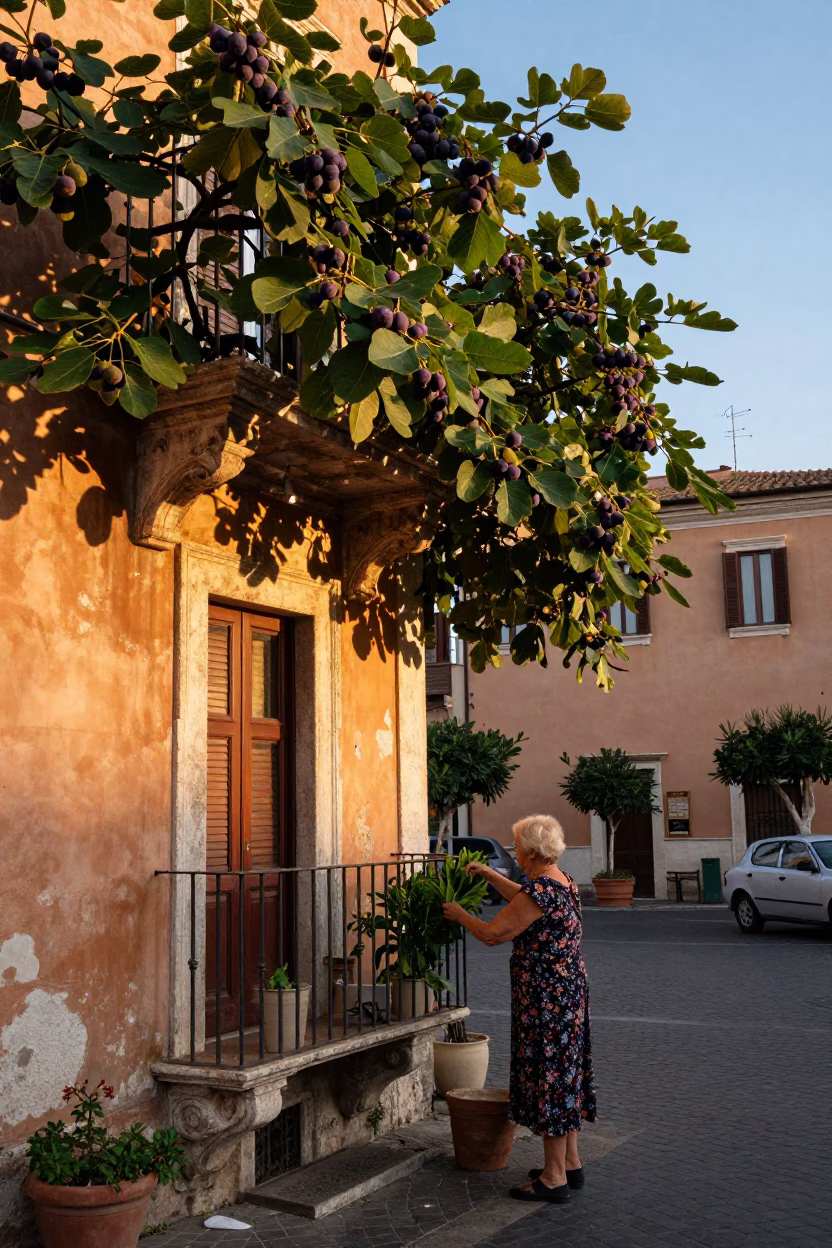 Balcony Scene in Rome at Honeyed Evening Light in in Rome, Italy
