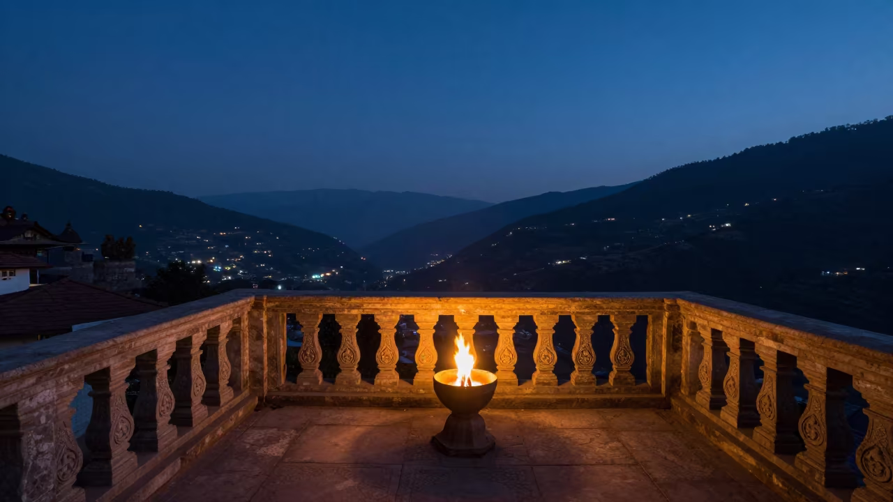 Balcony Stone Balustrade Night Valley Firelight in near Pokhara
