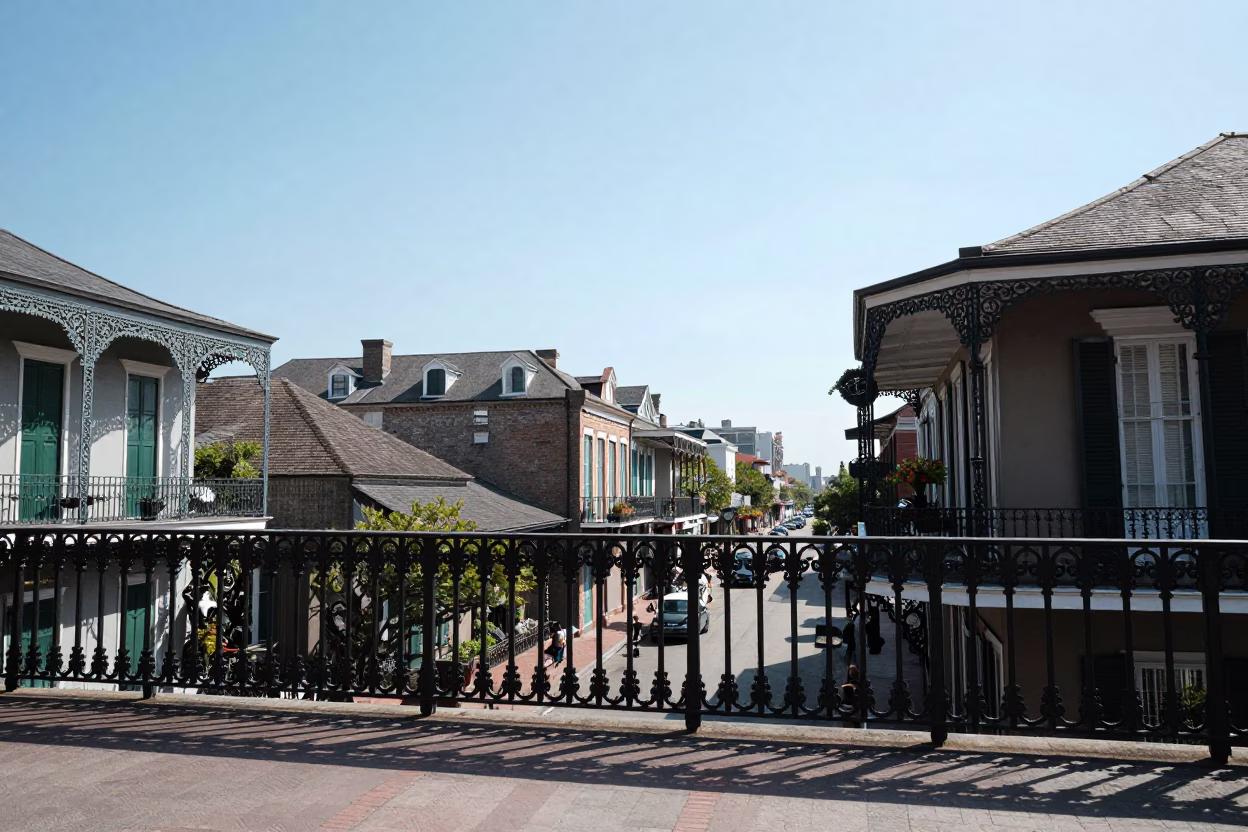 Balcony View in New Orleans at The Flat Glare Of Noon Light in in New Orleans, Louisiana, United States
