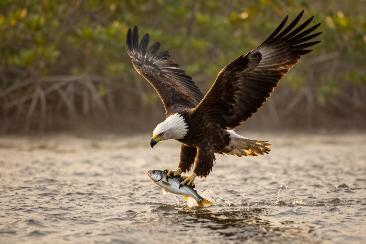 Bald Eagle Snatches Fish in Dominican River in in Dominican Republic