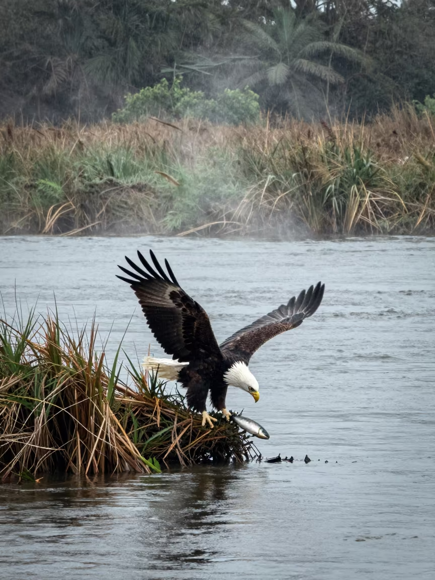 Bald Eagle Snatches Fish Near Reed Bed at Dawn in at the edge of a reed bed in Guatemala