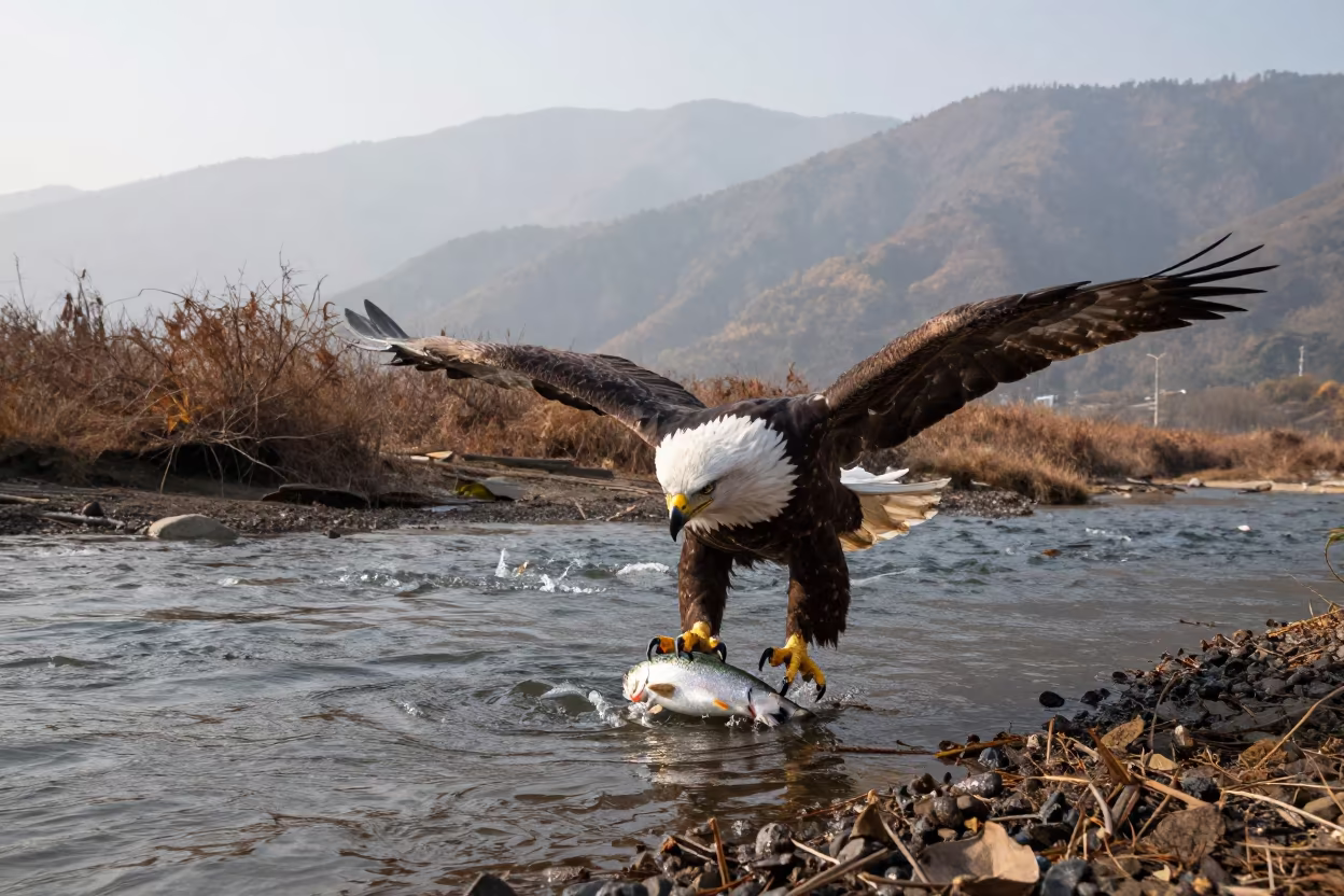Bald Eagle Snatching Fish Near Chengdu River in near Chengdu