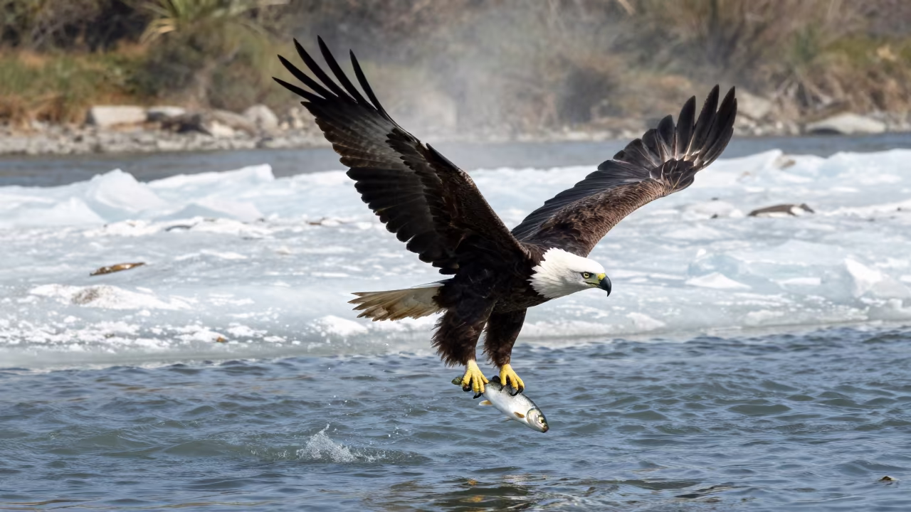 Bald Eagle Snatching Fish from Glacial Stream in above a glacial stream near Nanning