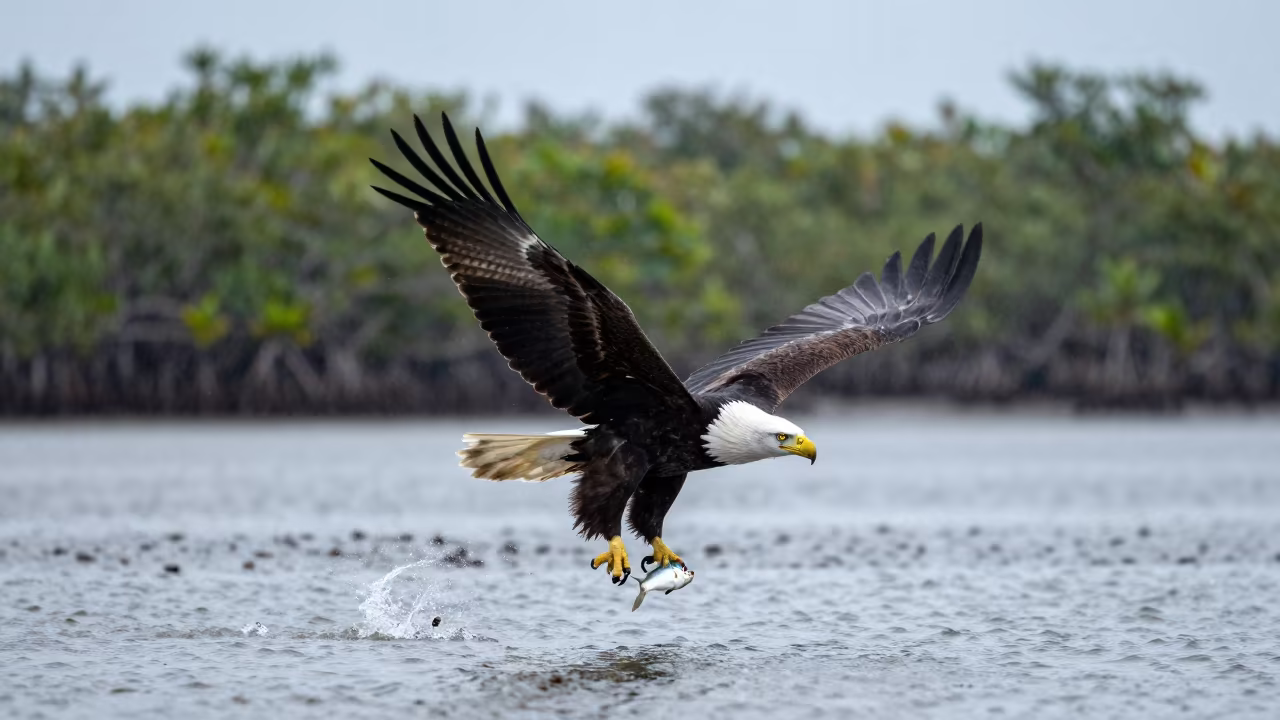 Bald Eagle Snatching Fish in Phuket Dawn Rain in beside a tidal inlet near Phuket