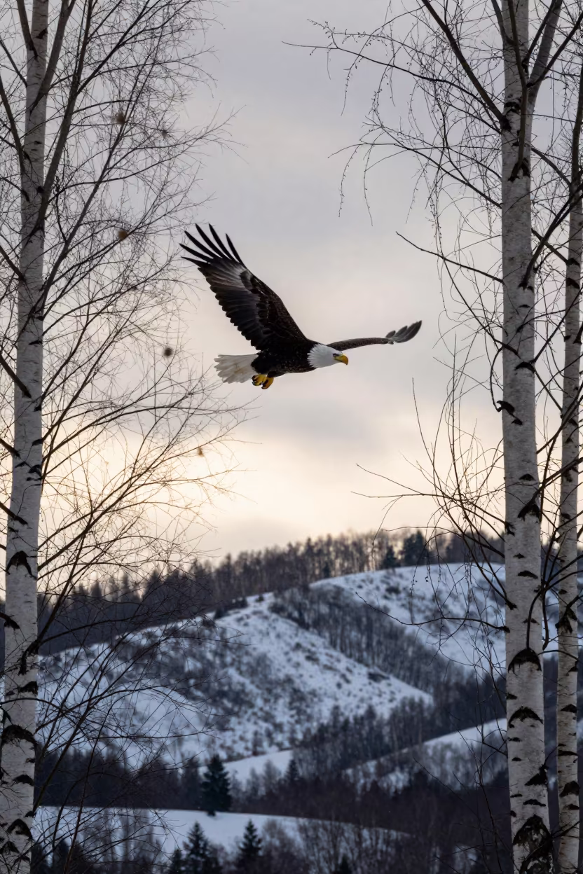 Bald Eagle Soaring Murino Ridge After Rain in on a wind-scoured ridge near Murino