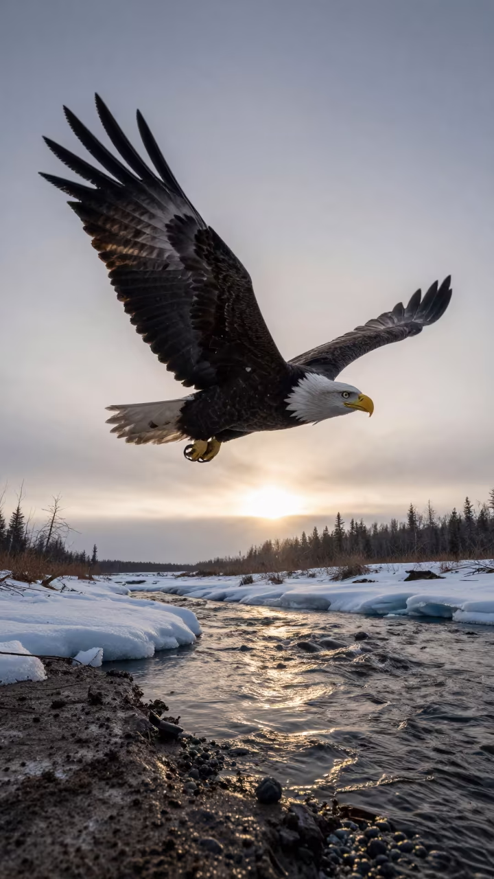 Bald Eagle Soars Above Glacial Stream in above a glacial stream in Manitoba