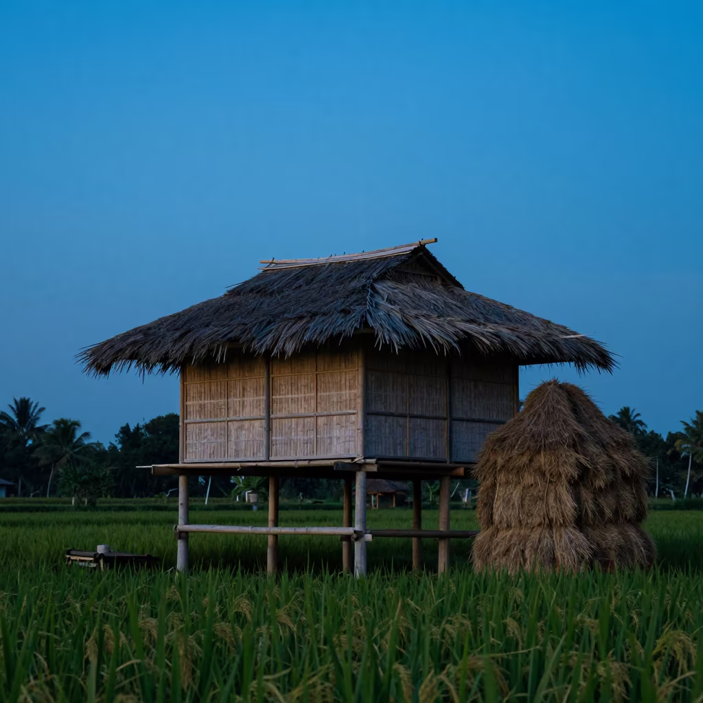 Bali Bamboo Pavilion Silhouette Over Rice Paddy in beside stacked hay bales in Bali