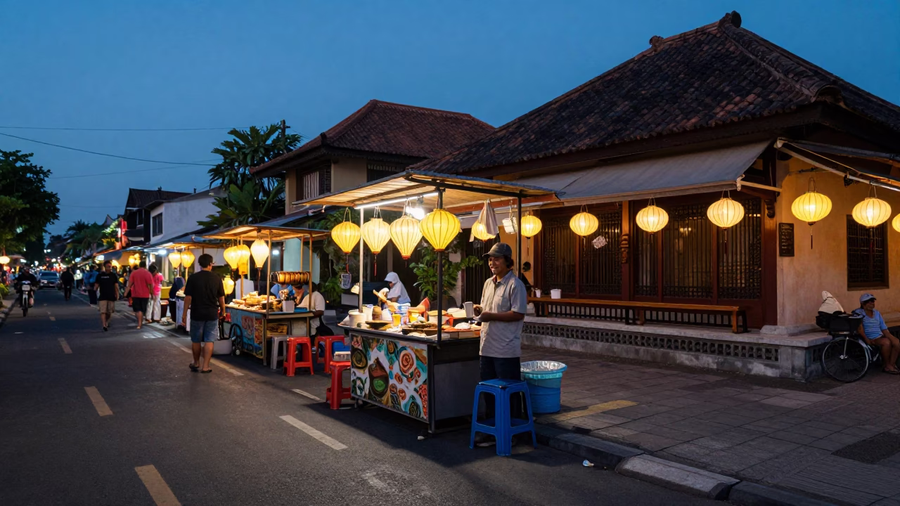 Bali Blue Hour Street Scene with Lantern Glow and Local Life in Denpasar Indonesia in in Denpasar, Indonesia