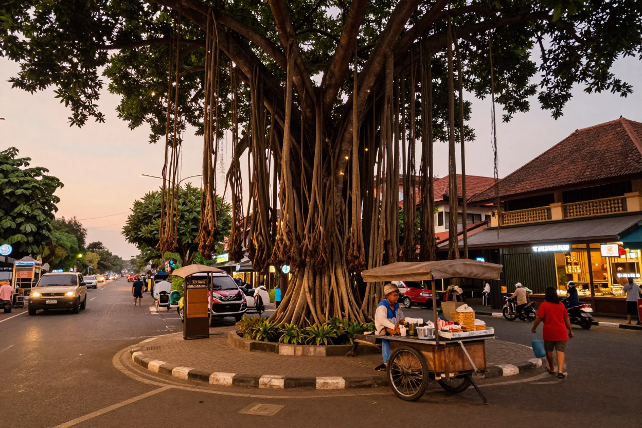 Bali Evening Street Scene with Banyan Tree and Local Vendor in Denpasar in in Denpasar, Indonesia