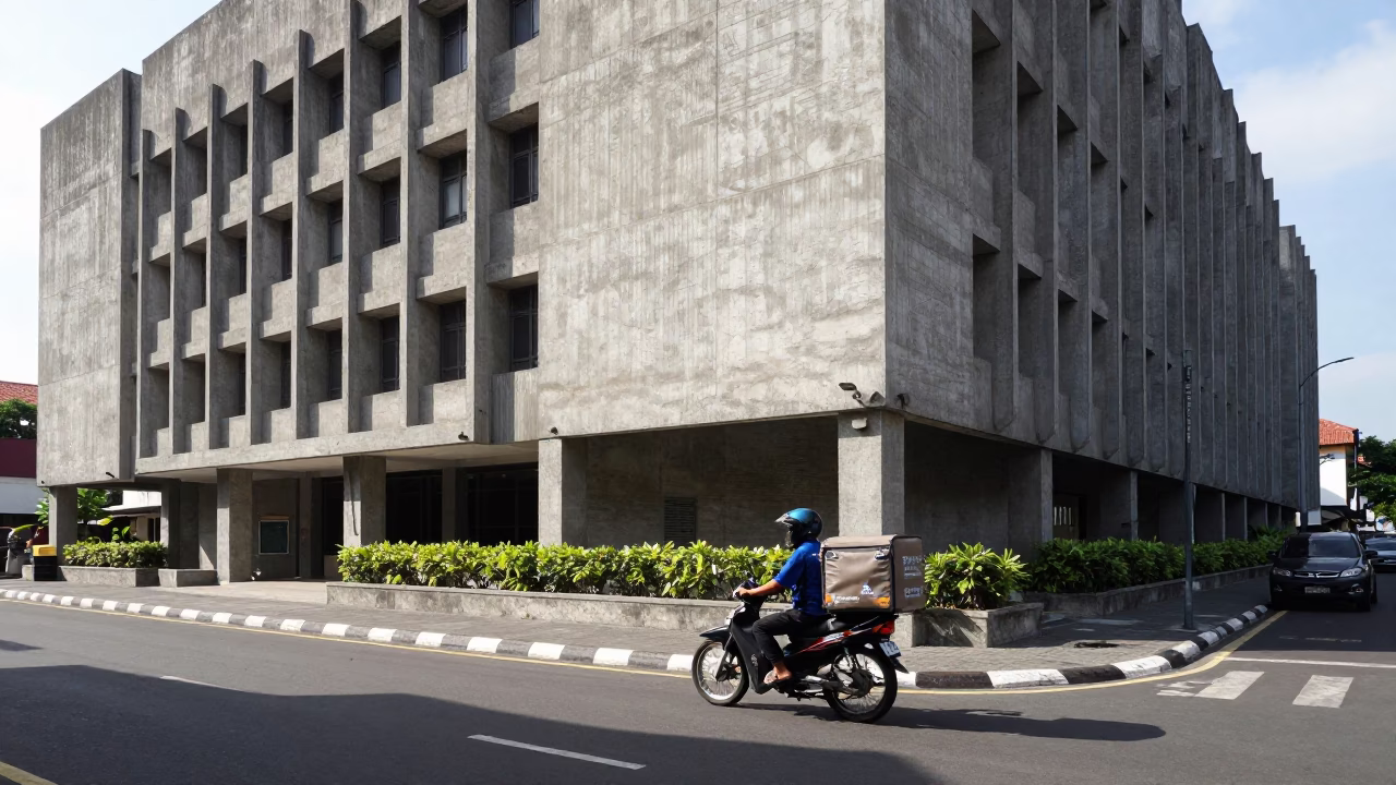 Bali Street Scene in Denpasar Indonesia Midmorning Light Concrete Brutalist Building in in Denpasar, Indonesia