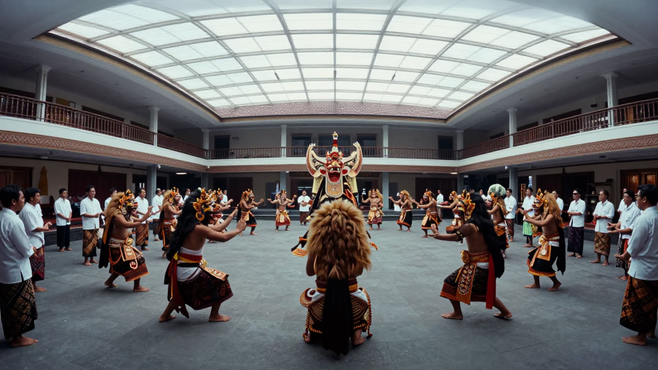 Balinese Barong Dance in Jakarta Prayer Hall in in a prayer hall in Menteng, Jakarta