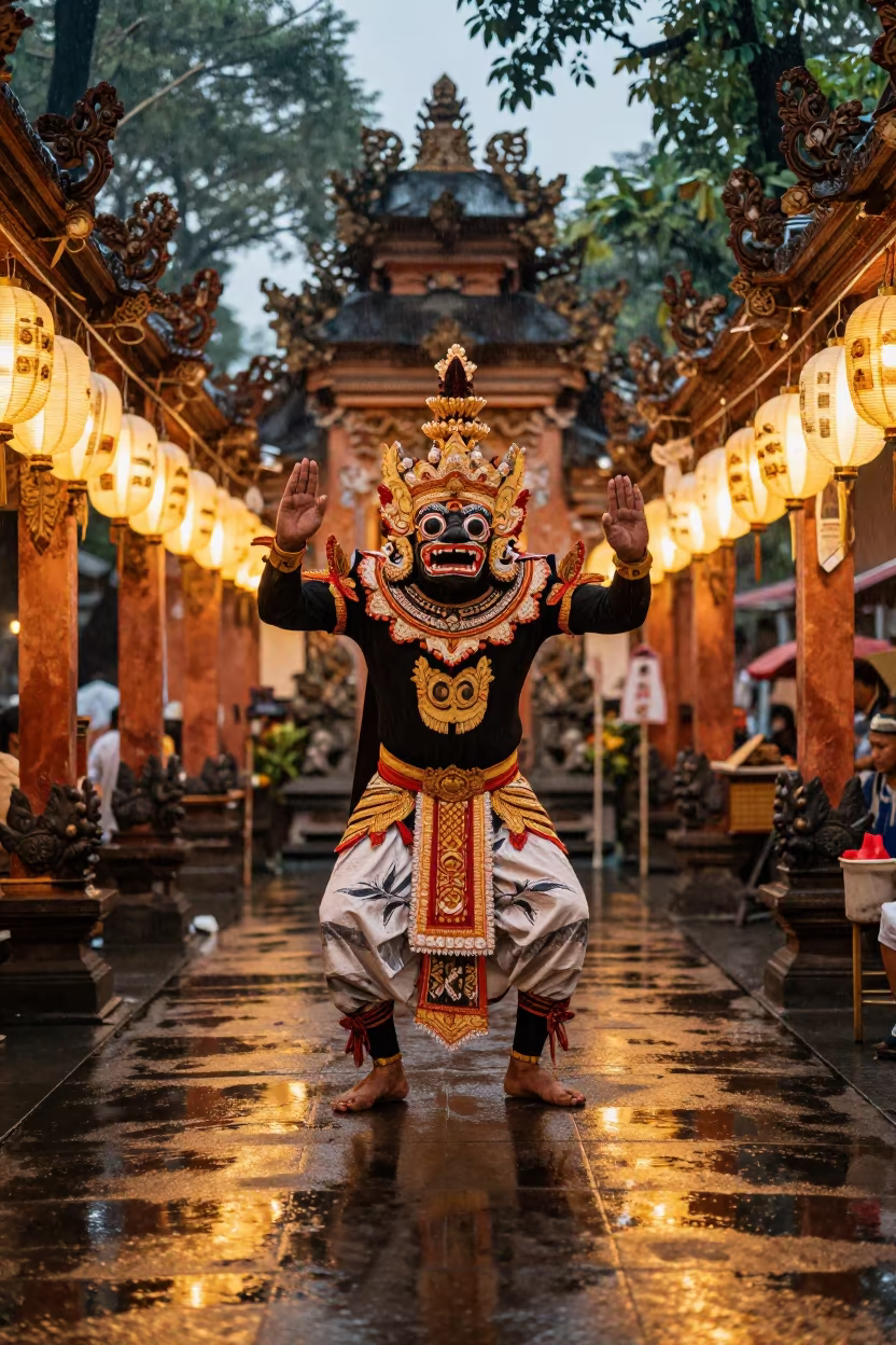 Balinese Barong Ritual in Jakarta Shrine Rain in in a shrine lined with lanterns in Sudirman, Jakarta