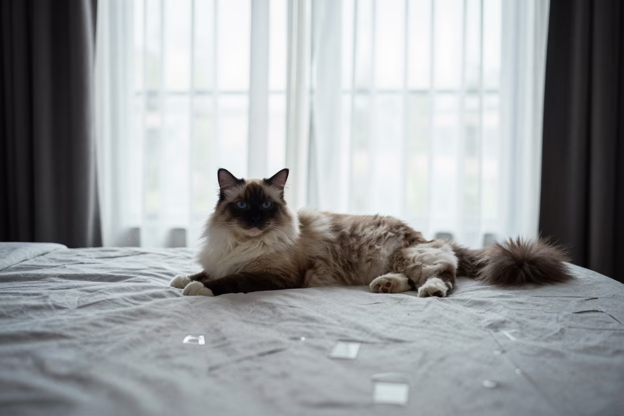 Balinese Cat Lounging in Morning Light Near Jakarta Window in on a bedspread near a bright window with calm indoor light near Jakarta