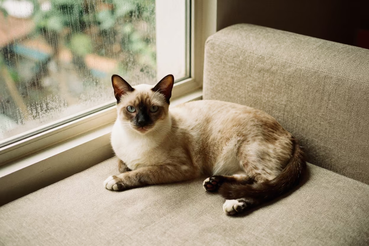 Balinese Cat Lounging on Linen Sofa Indoors in on a linen sofa with daylight from a nearby window near Jakarta