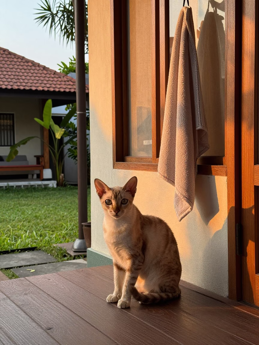 Balinese Cat on Shaded Porch in Jakarta Yard in in a small yard with clipped grass, calm light, and the animal centered in frame in Jakarta