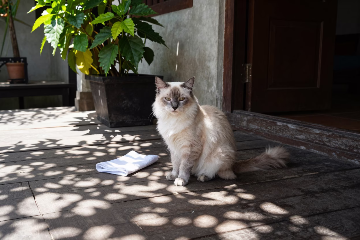Balinese Cat on Shaded Porch in Yogyakarta in on a shaded front porch with boards, railings, and eye-level framing near Yogyakarta
