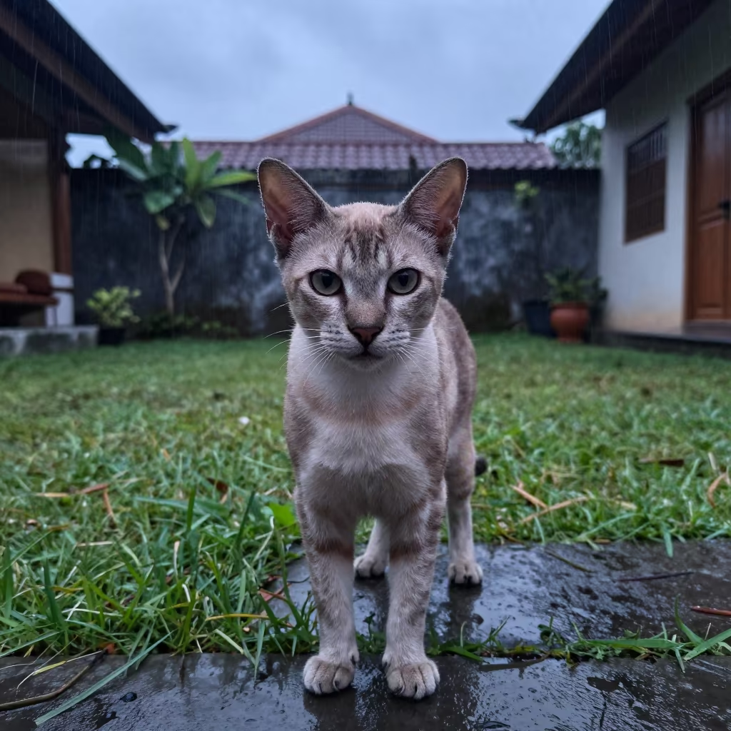 Balinese Cat Portrait in Denpasar Dawn Light in in a small yard with clipped grass, calm light, and the animal centered in frame near Denpasar