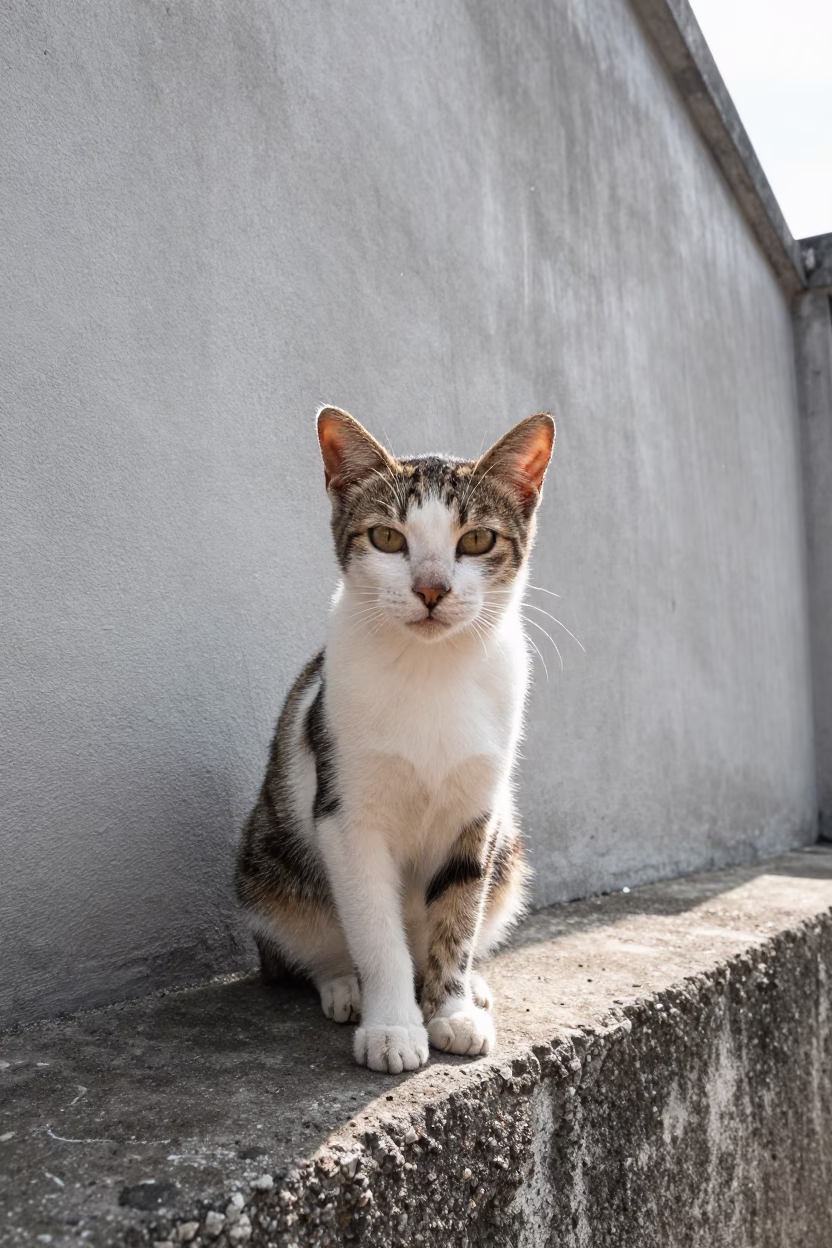 Balinese Cat Portrait in Jakarta Courtyard in beside a plain courtyard wall in clear daylight with the animal at eye level near Kota Tua, Jakarta