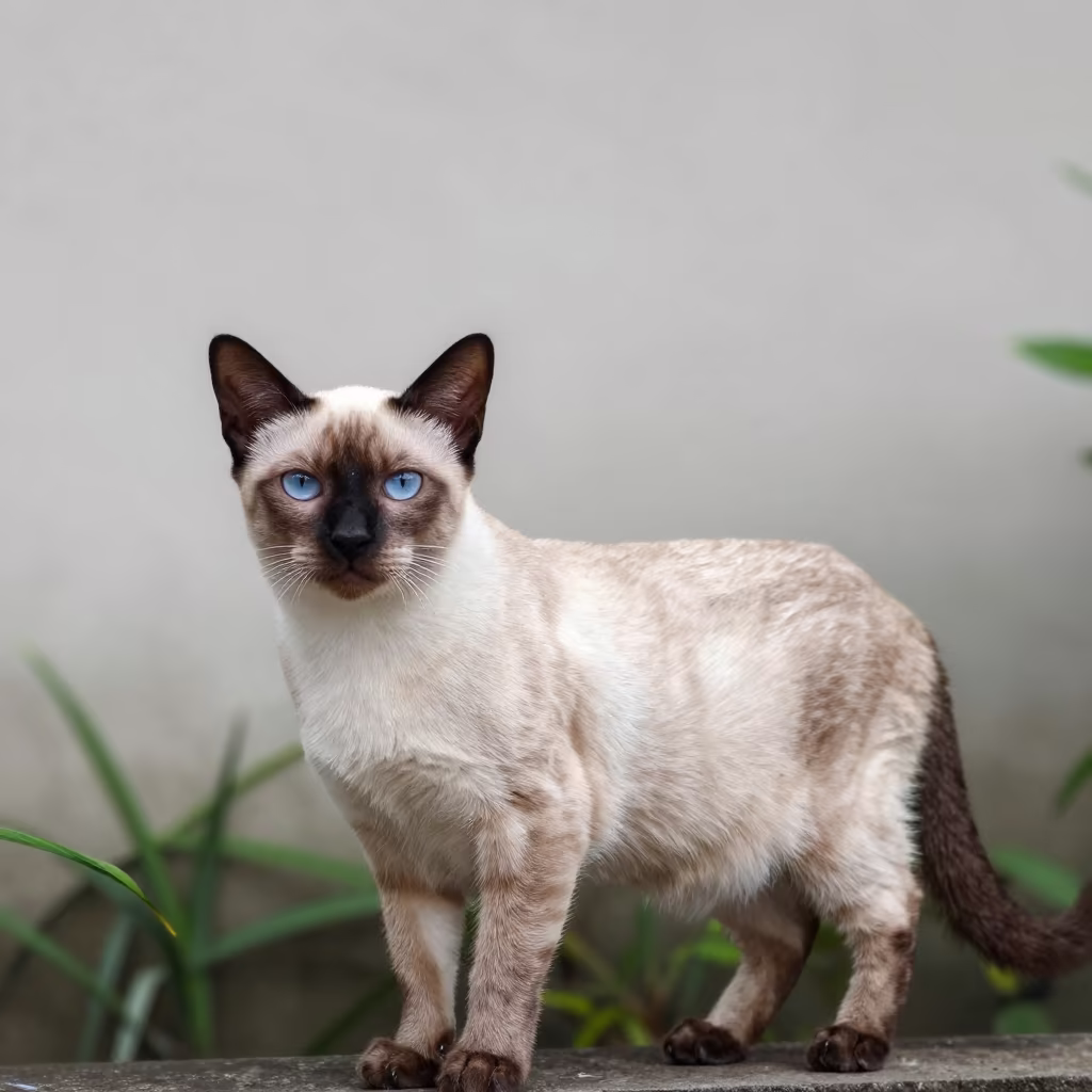 Balinese Cat Portrait in Jakarta Garden Light in near a garden edge with soft morning light and an uncluttered background in Blok M, Jakarta