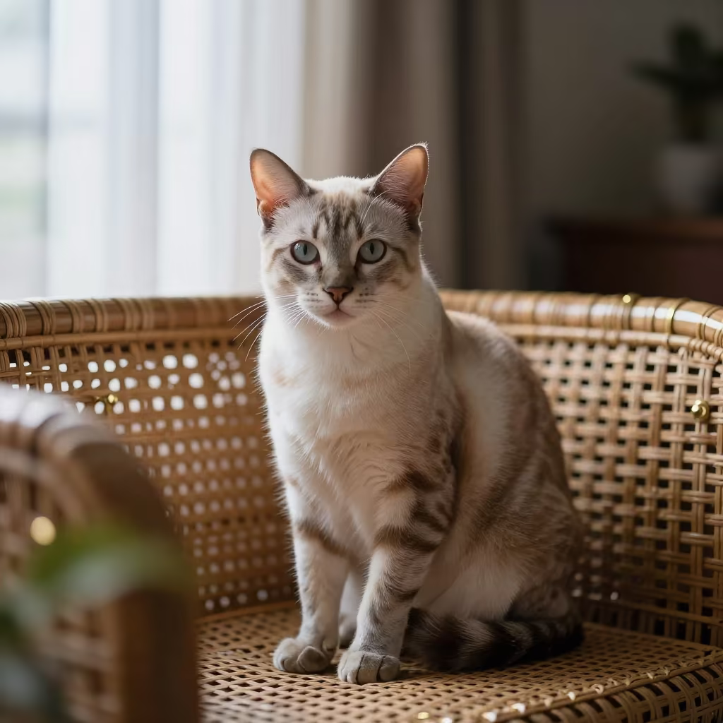 Balinese Cat Portrait in Jakarta Window Light in on a sofa near a curtained window with calm indoor light in Jakarta