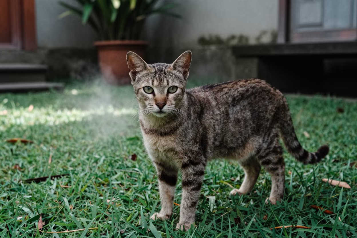 Balinese Cat Portrait in Yogyakarta Yard in in a small yard with clipped grass, calm light, and the animal centered in frame in Yogyakarta
