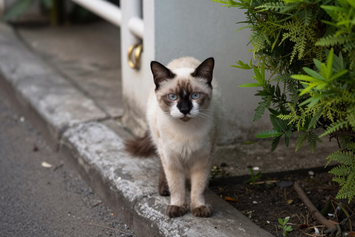 Balinese Cat Portrait Near Jakarta Garden Edge in near a garden edge with soft morning light and an uncluttered background near Menteng, Jakarta