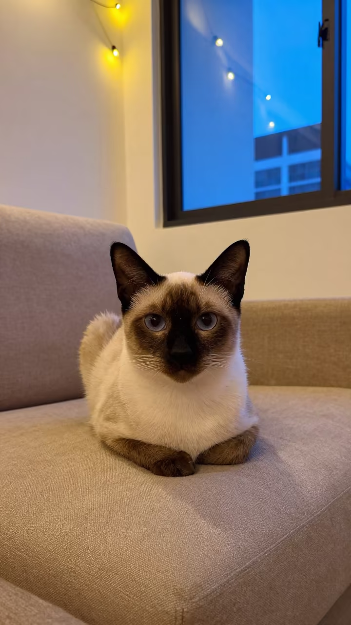 Balinese Cat With Clear Coat on Jakarta Sofa in on a linen sofa with daylight from a nearby window in Tanah Abang, Jakarta