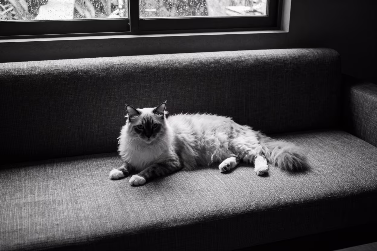 Balinese Cat With Distinctive Coat Lounging on Linen Sofa in on a linen sofa with daylight from a nearby window near Jakarta