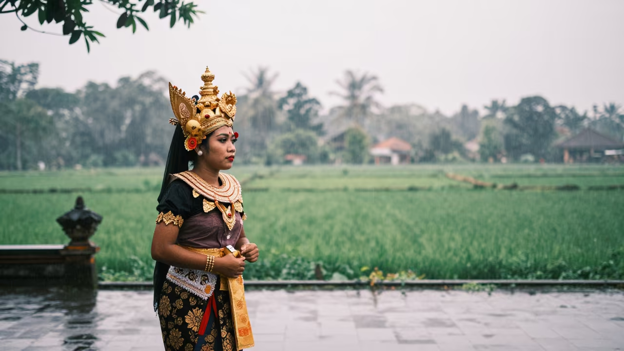 Balinese Dancer Golden Headdress Wet Season in near Denpasar