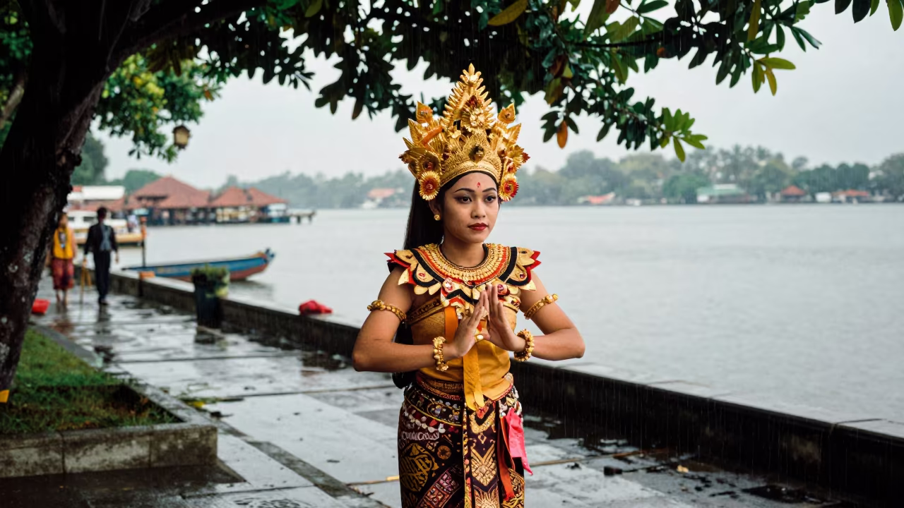 Balinese Dancer at Jakarta Harbor Edge in at a harbor edge in Jakarta