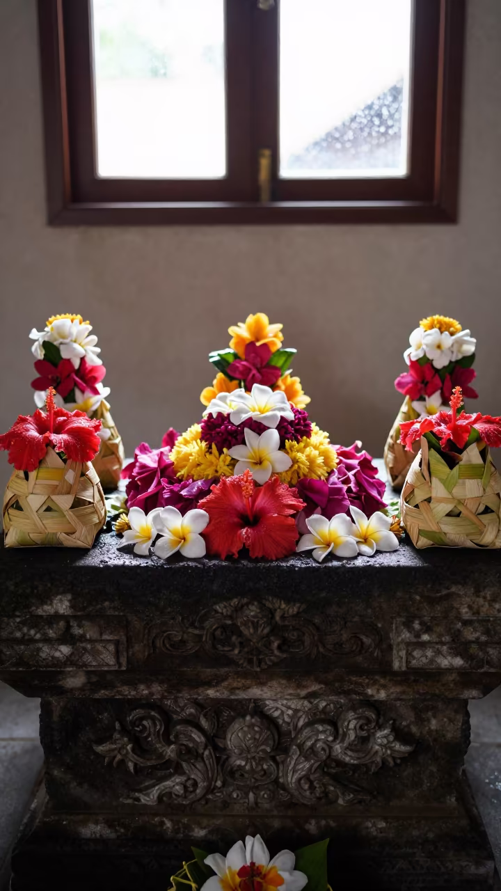 Balinese Flower Offering on Jakarta Stone Altar in at the foot of a stone altar in Jakarta