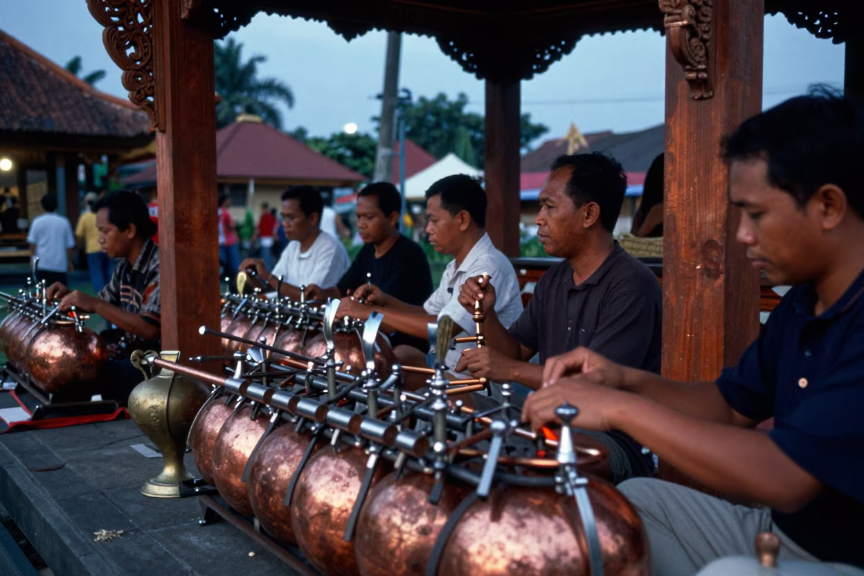 Balinese Gamelan Musicians in Jakarta Temple in in a temple precinct in Sudirman, Jakarta