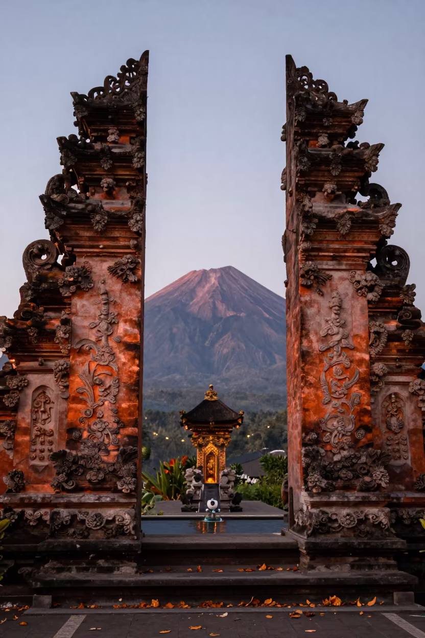 Balinese Gate Frames Volcano at Dusk in at the edge of a sacred pool in Denpasar